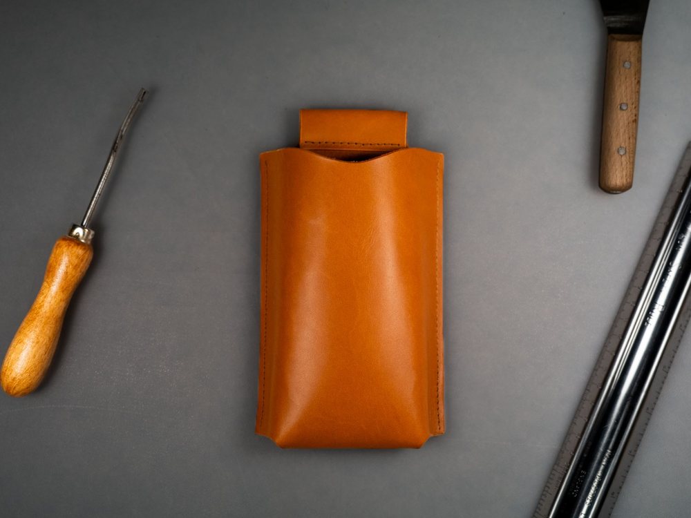 Tan leather phone sleeve
